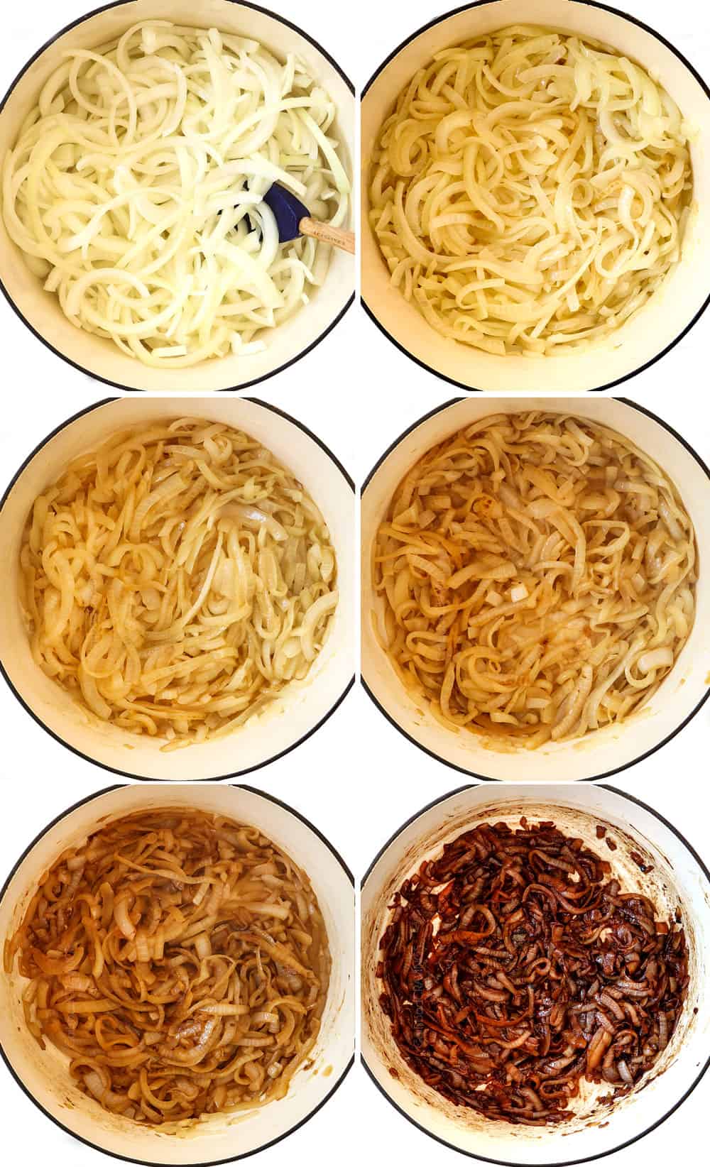 a collage showing how to make grilled cheese by caramelizing onions in stages