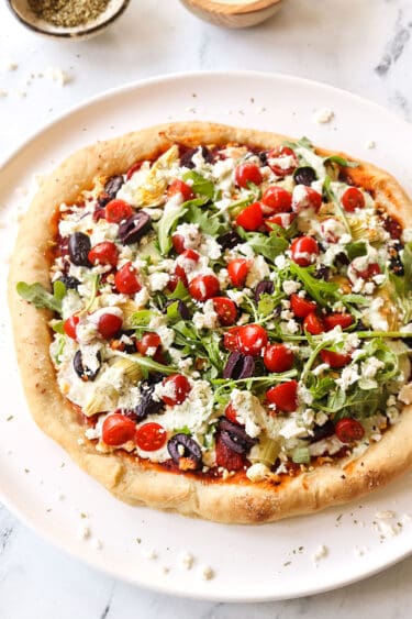 Greek Pizza (Video!) with Roasted Red Pepper Sauce + Tzatziki