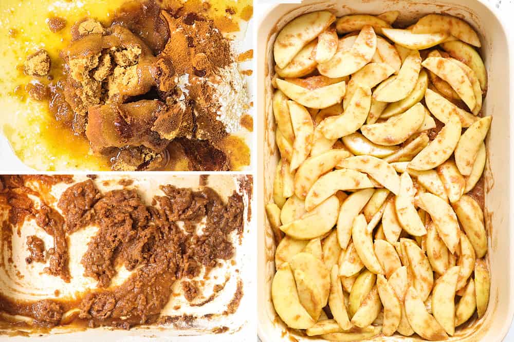 a collage showing how to make apple dump cake recipe by adding apples, butter, brown sugar and cinnamon to a 9x13 baking dish, tossing to coat then spreading the apples in an even layer