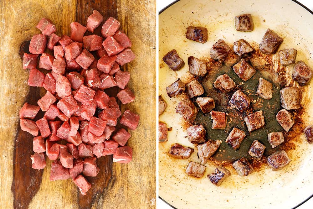 a collage showing how to make beef tips and noodles recipe by chopping beef into cubes then searing beef until browned