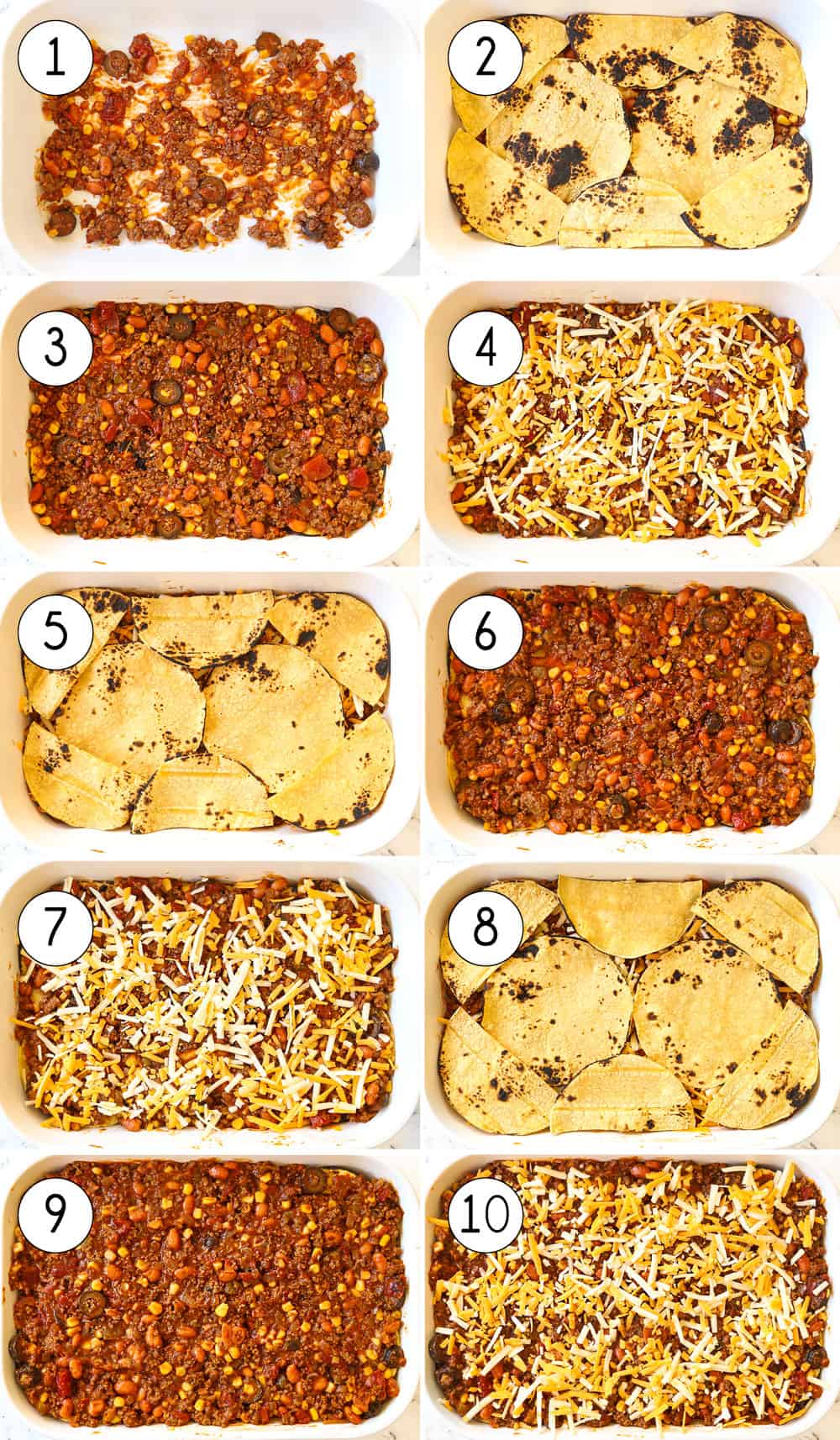 a collage showing how to assemble the enchilada casserole layers by repeating sauce, tortillas and cheese three times each