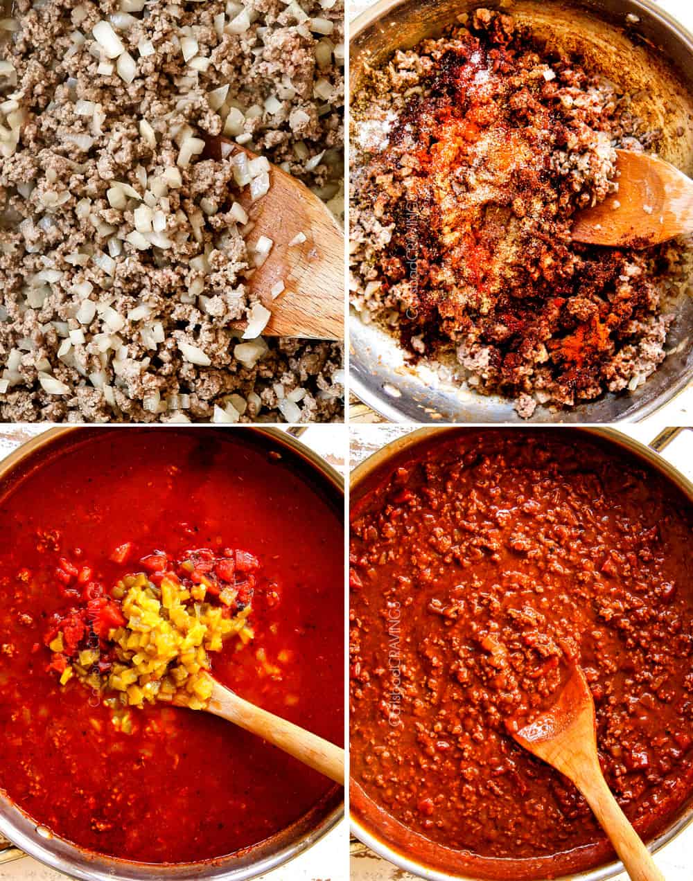 a 4 way collage showing how to make enchilada casserole recipe by 1) browning beef and onions, 2) sautéing tomato paste and spices, 3) adding tomatoes, broth and green chilies, 4) simmering until thickened