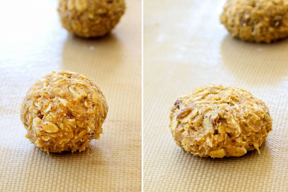 a collage showing how to make pumpkin oatmeal cookies by rolling cookies and then pressing down on the tops to flatten
