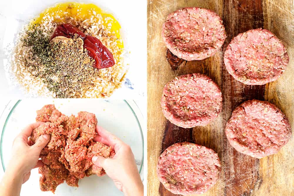 a collage showing how to make Salisbury Steak by adding ground beef, egg, panko, onions, ketchup to a glass bowl, 2) mixing until combined, 3) forming into patties 
