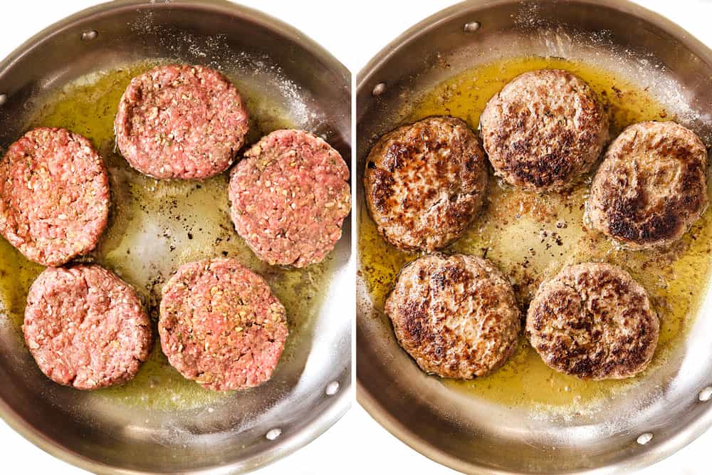 a collage showing how to make Salisbury Steaks by adding beef patties to a skillet then searing