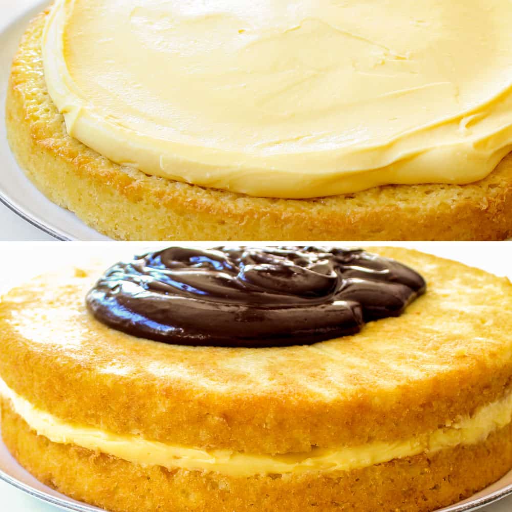 showing how to make Boston Cream Pie recipe by adding pastry cream to bottom layer of the cake, topping with second cake then topping chocolate glaze