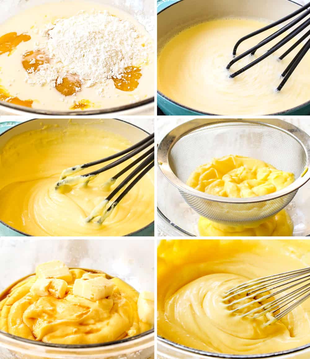 a collage showing how to make pastry cream for  Boston Cream Pie recipe by 1) whisking eggs with cornstarch, 2) showing smooth egg cornstarch mixture, 3) tempering the egg mixture with half and half, 4) simmering the eggs and cream until thickened, 5) adding eggs and vanilla to pastry cream, 5) whisking pastry cream until thickened