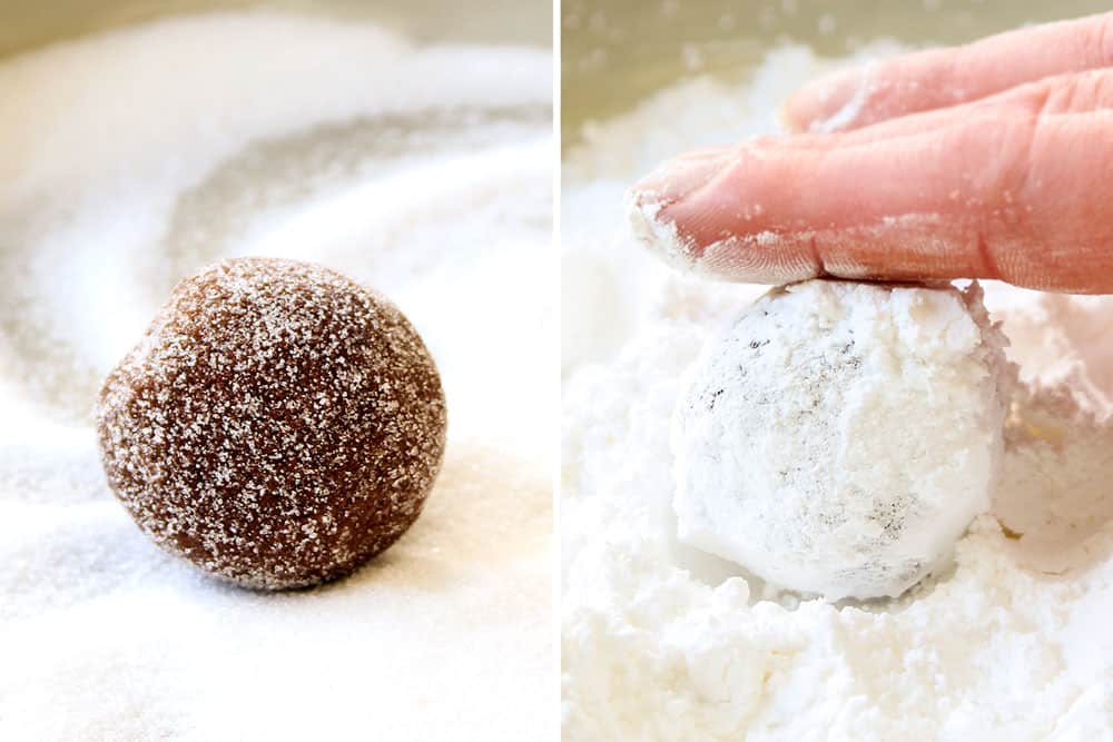a collage showing how to make chocolate crinkle cookie recipe by rolling the cookie dough balls in granulated sugar and then powdered sugar