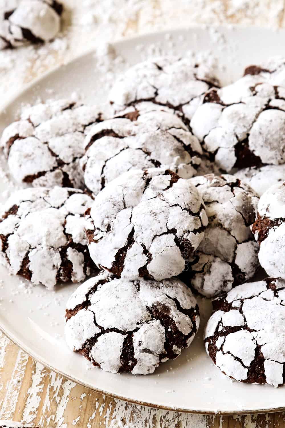 up close of chocolate crinkle cookie recipe on a platter