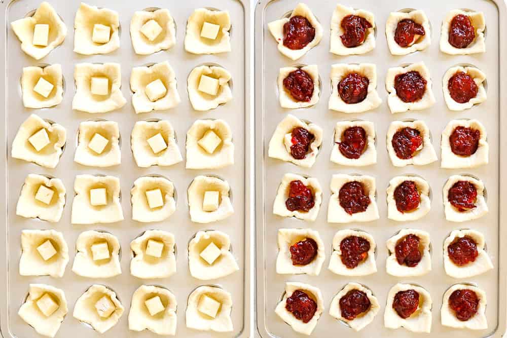 a collage showing how to make cranberry brie bites by lining a mini muffin tin with puff pastry, brie cheese, cranberry sauce and nuts