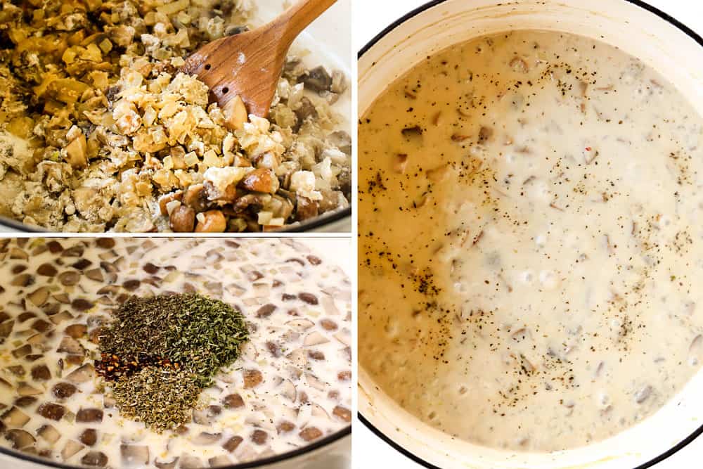 a collage showing how to make turkey tetrazzini recipe by cooking mushrooms with flour, adding seasonings then simmering the sauce until thickened