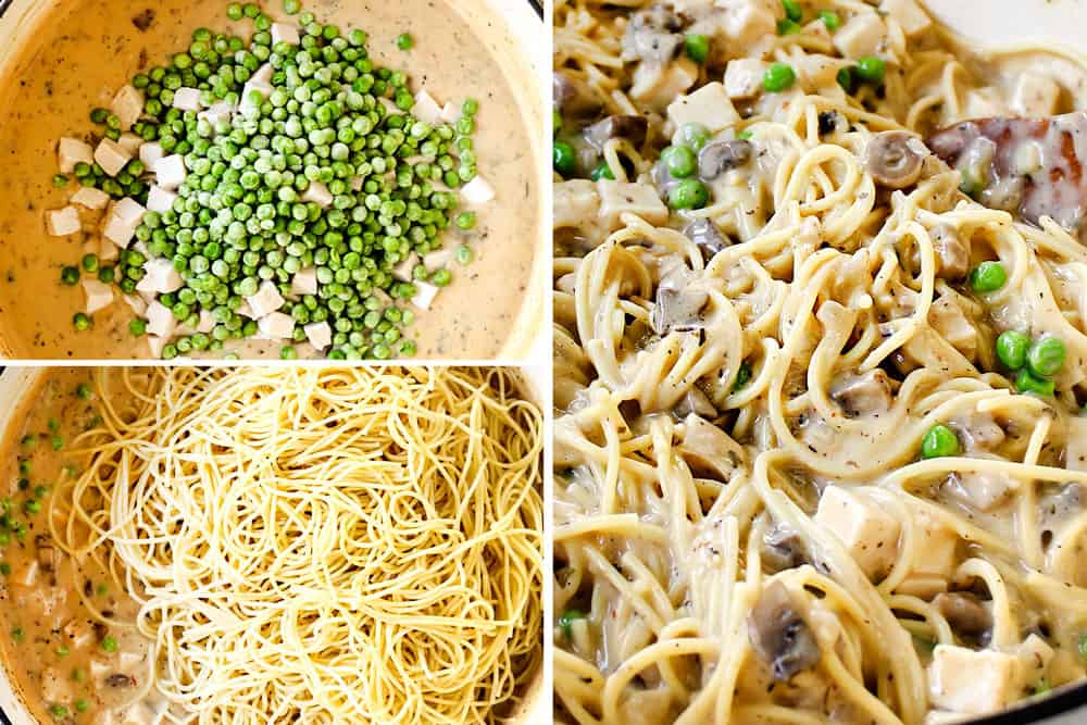 a collage showing how to make turkey tetrazzini recipe by adding turkey and peas, then spaghetti to the sauce then stirring to combine