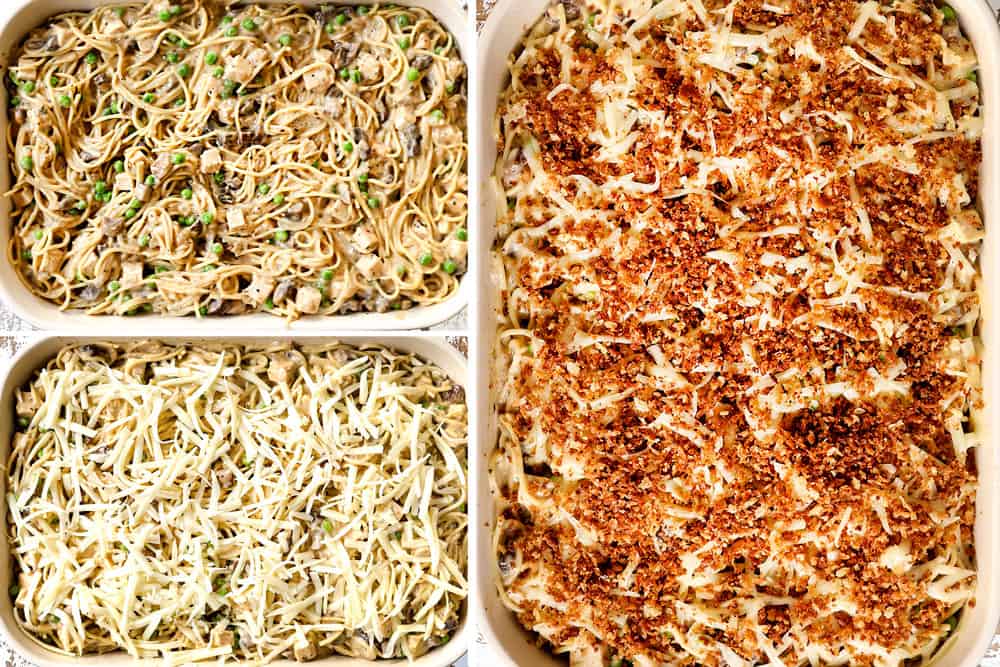 a collage showing how to make turkey tetrazzini recipe by layering noodles in a casserole dish, topping with Monterey Jack cheese followed by panko