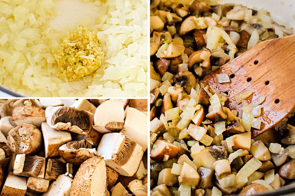 a collage showing how to make turkey tetrazzini recipe by sautéing onions and garlic then sautéing mushrooms