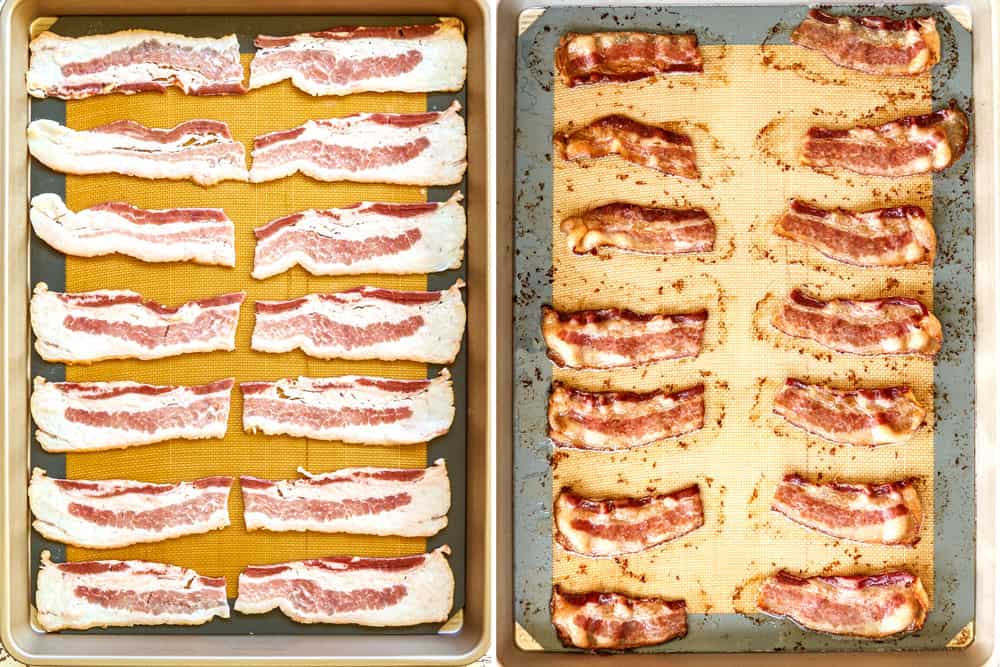 showing how to make bacon wrapped green beans by cooking the bacon until golden but flexible on a baking sheet