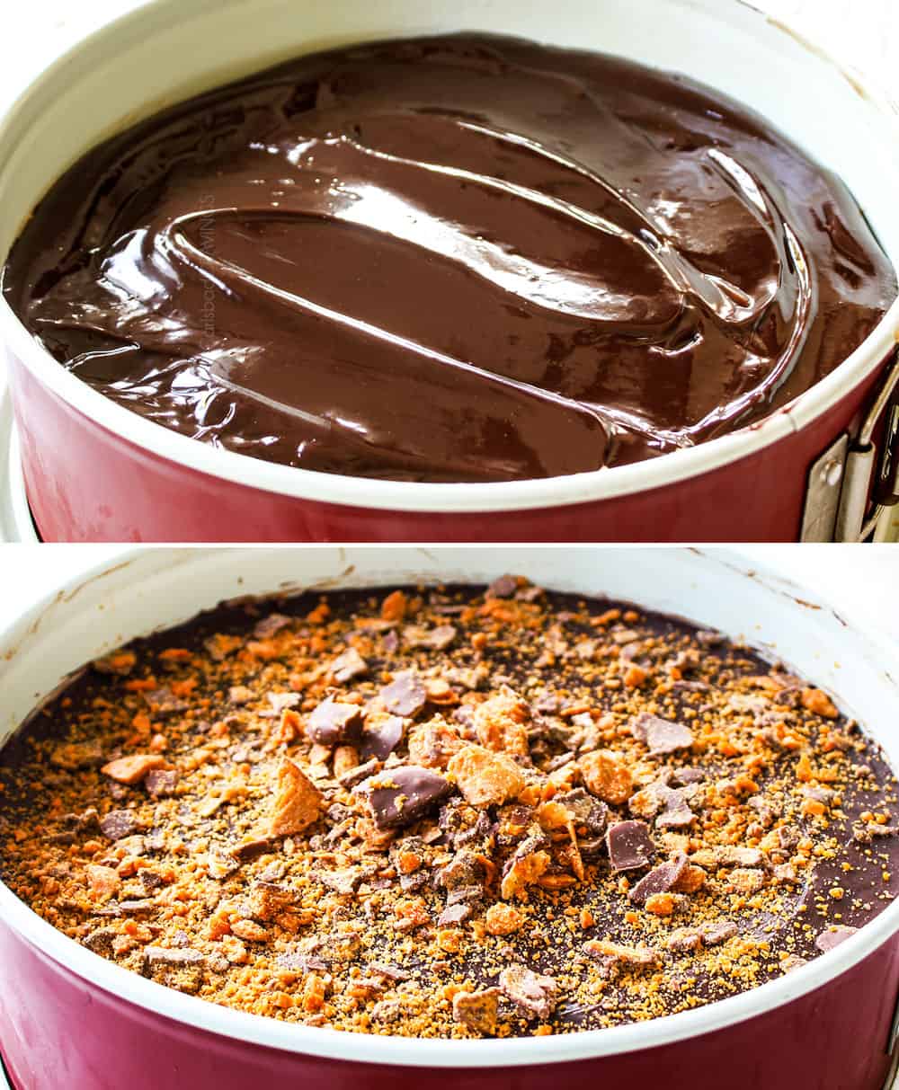 a collage showing how to make Butterfinger pie by smoothing ganache over the peanut butter filling then adding crushed Butterfinger