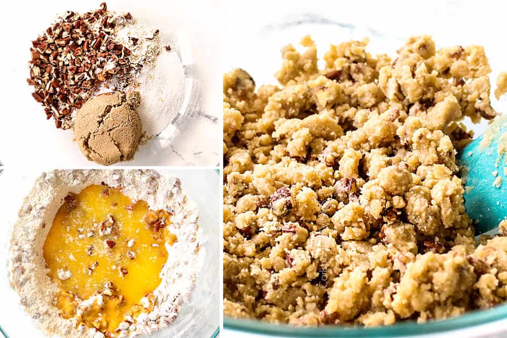 a collage showing how to make Dutch Apple Pie recipe (Apple Crumble Pie) by adding flour, pecans, sugar, butter to a bowl, and stirring until combined into crumbs
