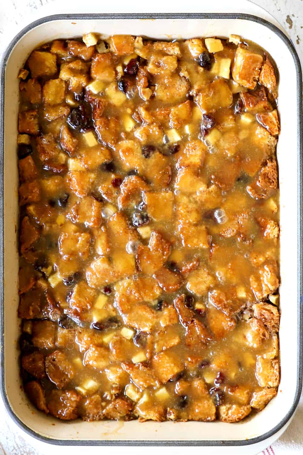 top view of bread pudding with caramel sauce