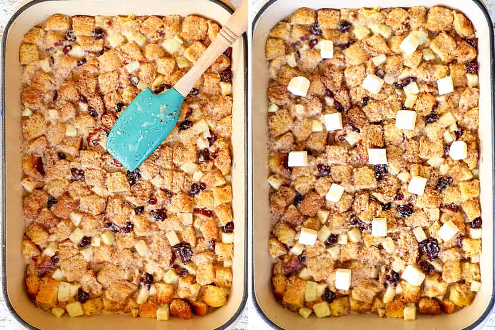 a collage showing how to make apple bread pudding by pushing the cubed bread down in the custard and then topping with cubed butter