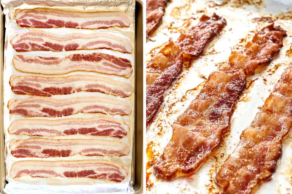 a collage showing how to cook bacon wrapped filet mignon by par-cooking the bacon in the oven before wrapping the steaks