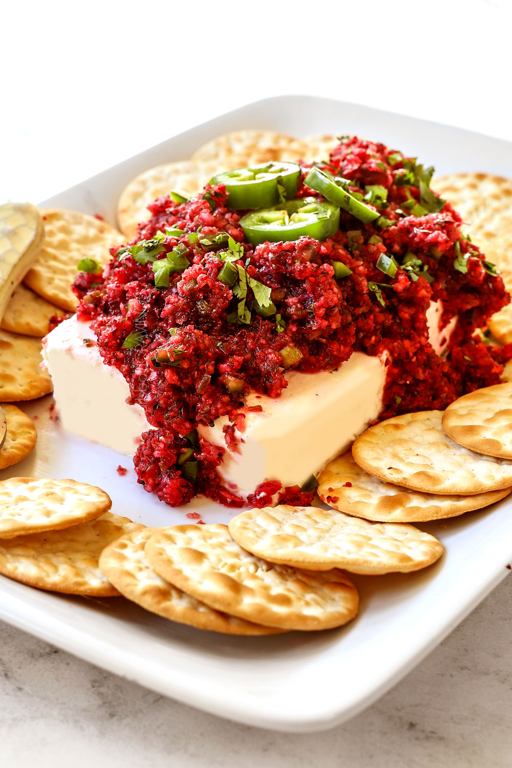 side view of cranberry salsa served over cream cheese with crackers