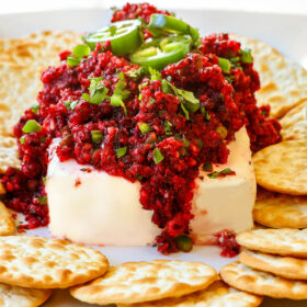 front view of cranberry salsa over cream cheese