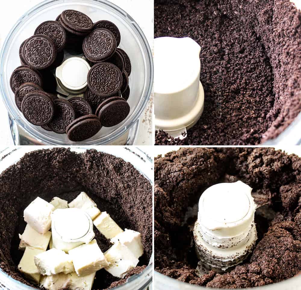 a collage showing how to make oreo truffle recipe by 1) adding Oreos to food processor, 2) processing into crumbs, 3) adding cream cheese, 4) blending into a dough