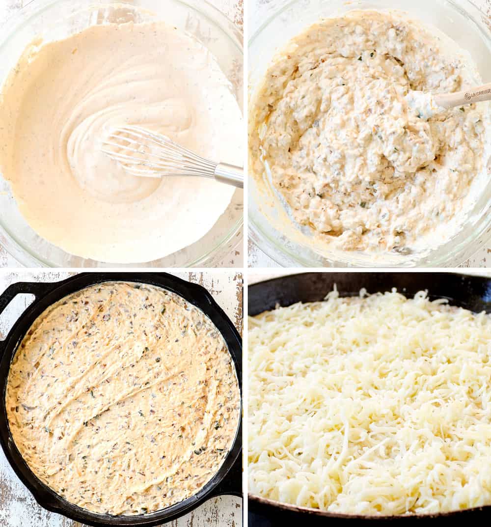 a collage showing how to make hot dip recipe by combining all of the Philly cheesesteak dip ingredients together in a bowl, then adding to a skillet then covering with provolone cheese 
