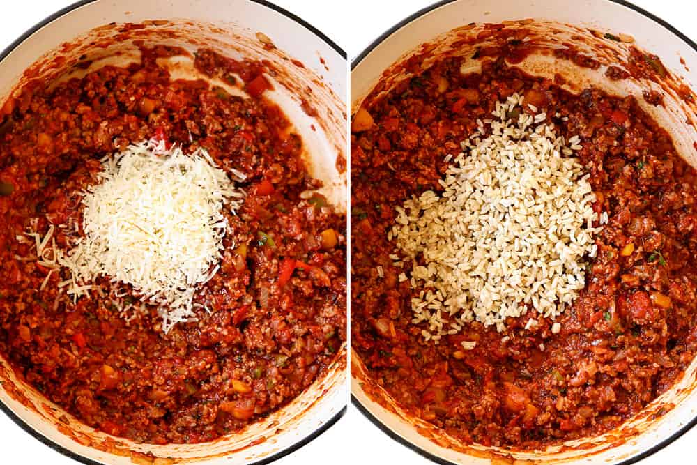 a collage showing how to make stuffed peppers by adding Parmesan and then rice