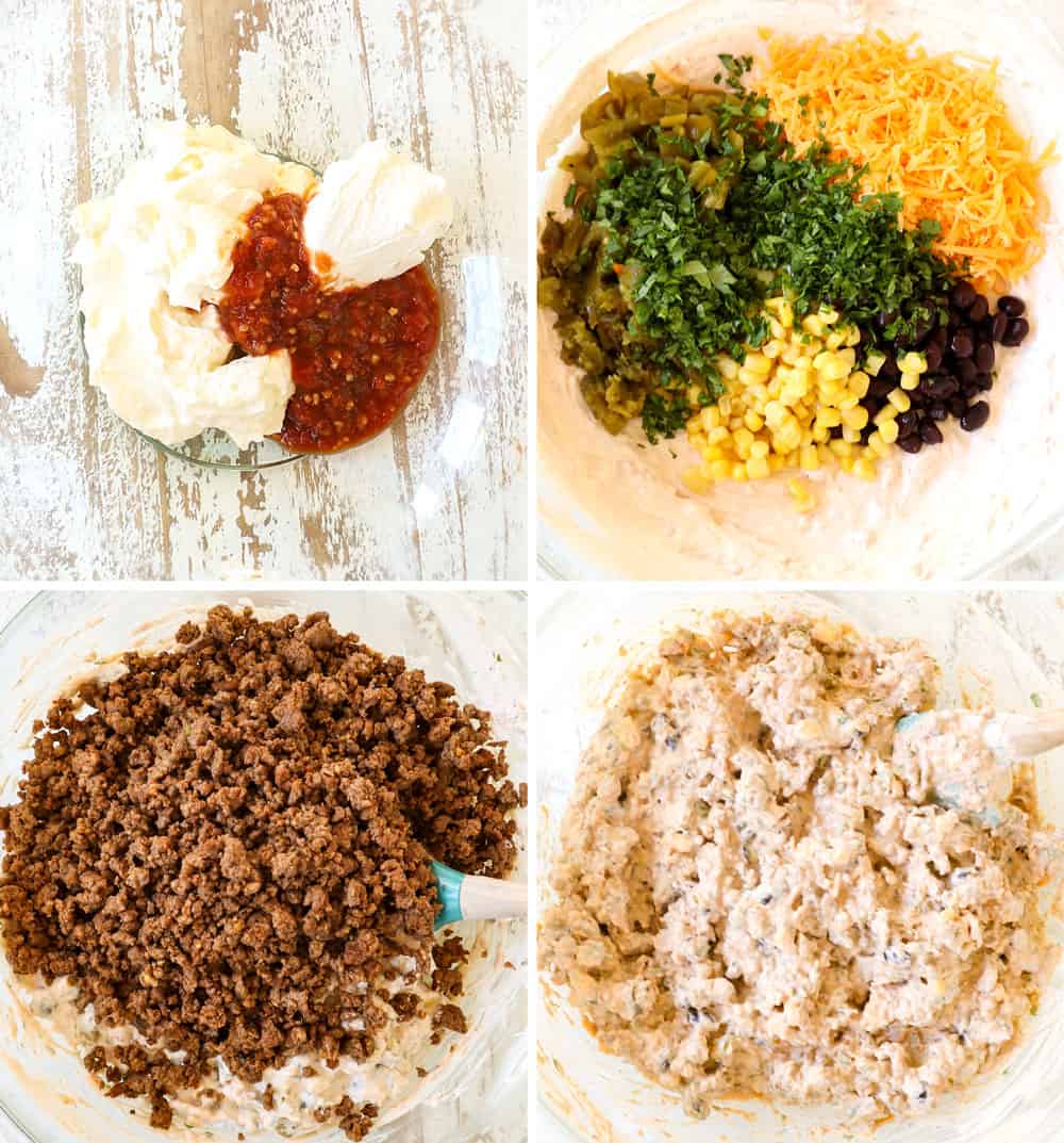a collage showing how to make Mexican cream cheese pinwheels by adding cream cheese, sour cream and salsa, cheese, cilantro corn, cheese and beef to a bowl 