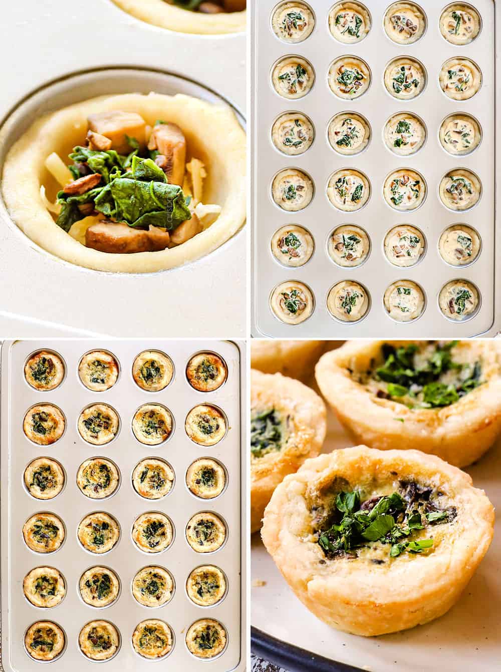 a collage showing how to make mini quiche by adding cheese, mushrooms and spinach to quiche pastry, adding custard and baking