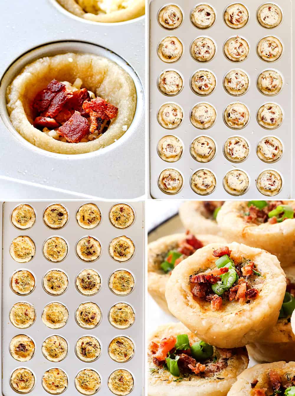 a collage showing how to make mini quiche by adding cheese, bacon to pastry crust, adding custard and baking