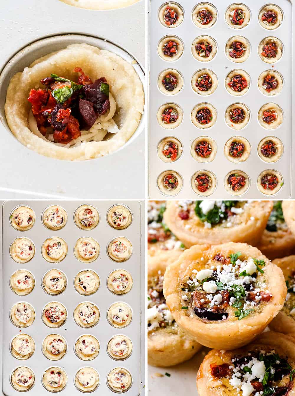 a collage showing how to make mini quiche by adding sun-dried tomatoes, olives, feta to pastry, adding custard and baking