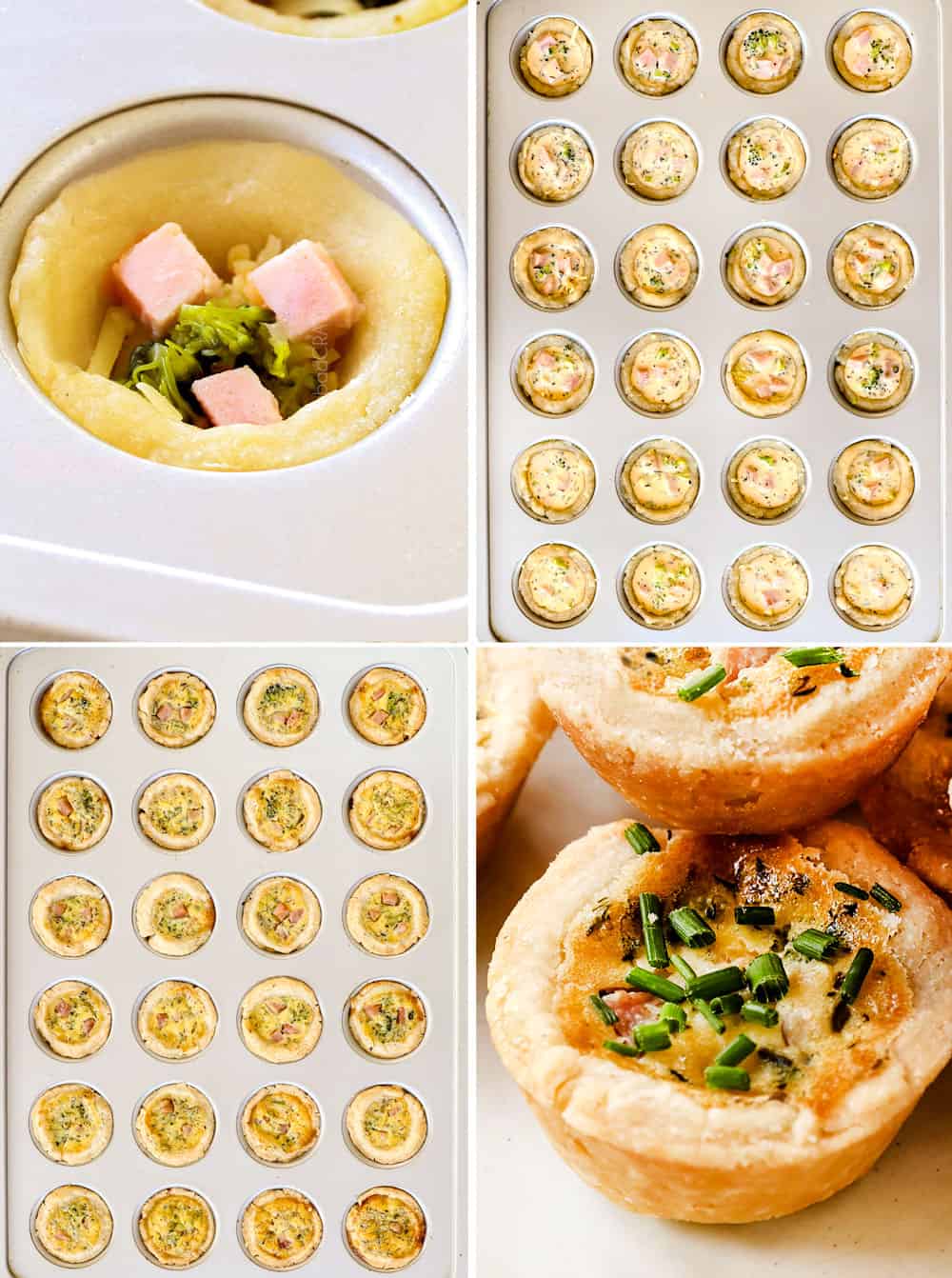 a collage showing how to make mini quiche by adding cheese, broccoli and ham to pasty, adding custard and baking