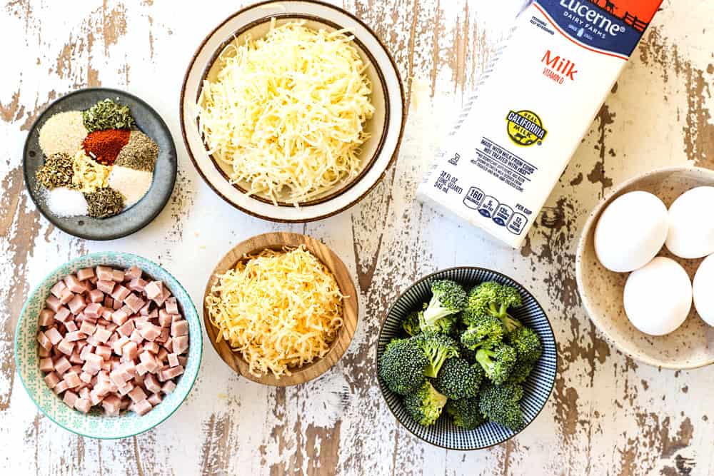 showing ingredients for ham and broccoli mini quiche with chopped, ham, broccoli, eggs and spices