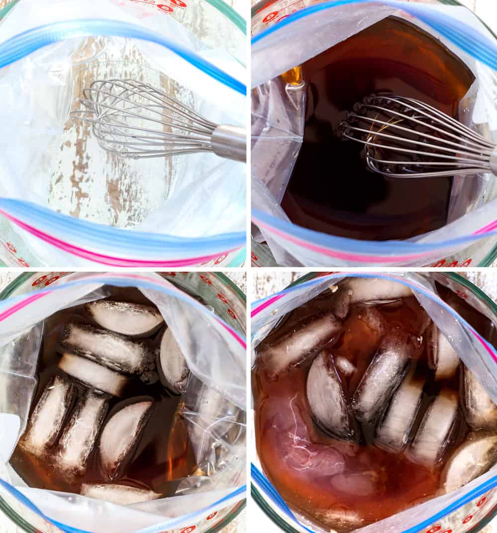 a collage showing how to brine pork tenderloin by 1) whisking water with kosher salt, 2) adding vinegar and sugar, 3) adding ice cubes and 4) adding pork tenderloin