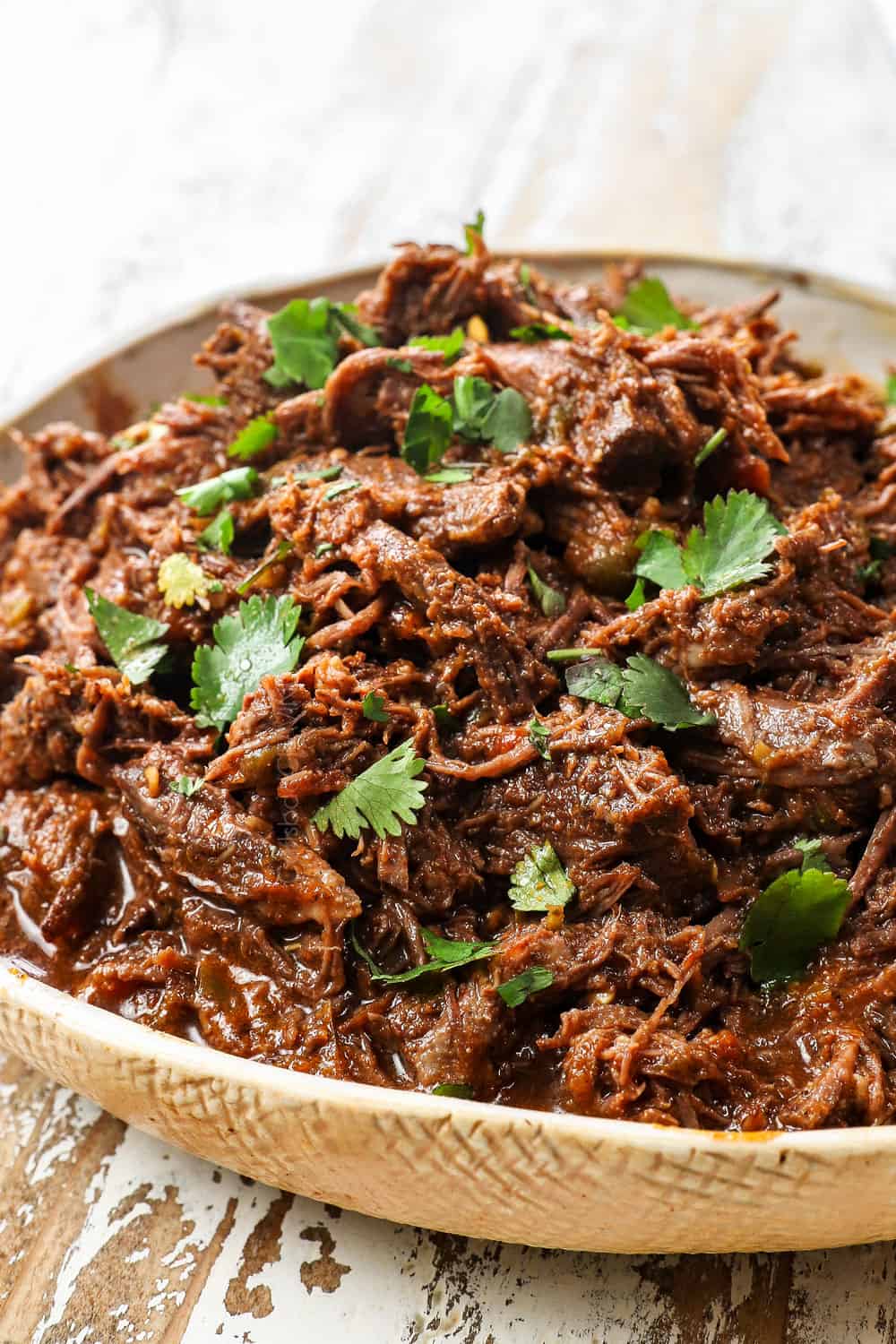 a bowl of shredded Mexican Beef garnished with cilantro