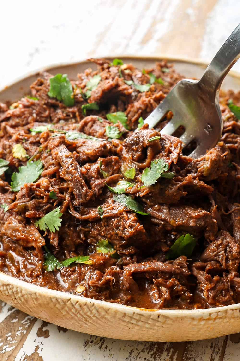 a fork serving Mexican Beef shredded in a bowl