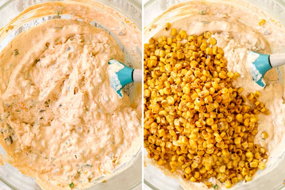 a collage showing how to make Mexican street corn dip recipe by stirring cream cheese, sour cream, green chilies, jalapenos and cilantro together and then adding the corn