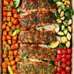 top view of showing how to bake cilantro lime salmon on a sheet pan with vegetables