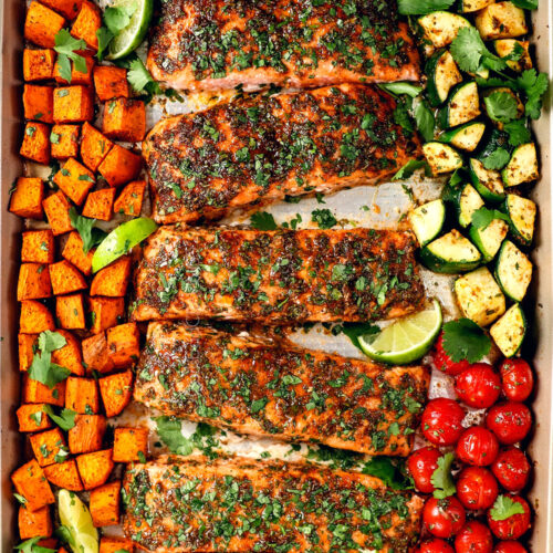 Baked Cilantro Lime Salmon with Roasted Veggies! (+Video)