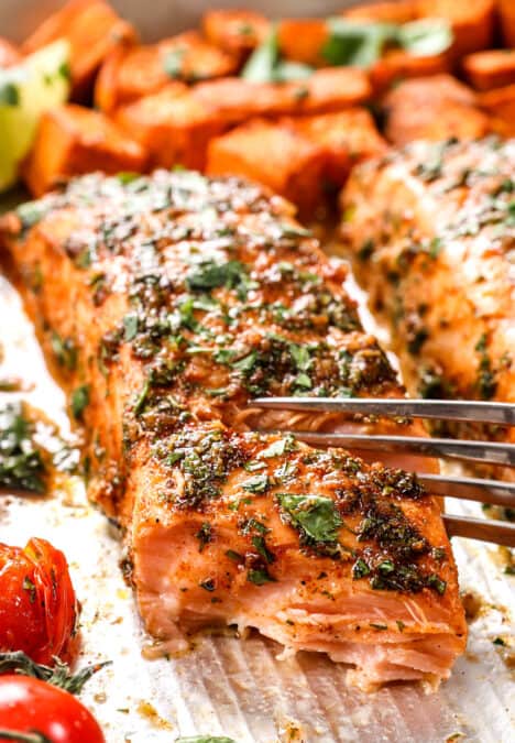up close showing how tender baked marinated salmon is by flaking with a fork