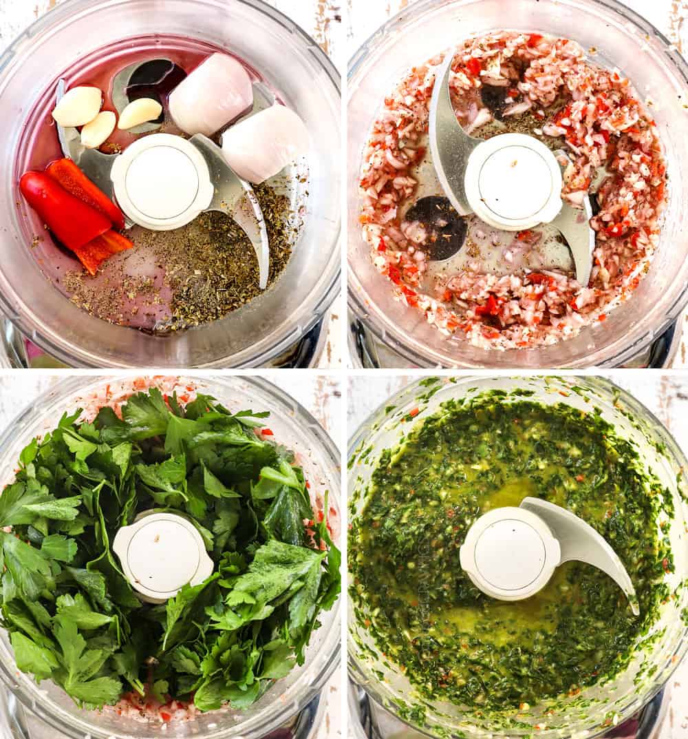 showing how to make chimichurri by 1) adding garlic, red wine vinegar and red chili peppers to food processor, 2) pulsing to chop, 3) adding flat parsley, 4) pulsing with olive oil 