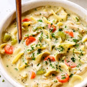 up close of creamy chicken noodle soup recipe with a spoon garnished by fresh parsley