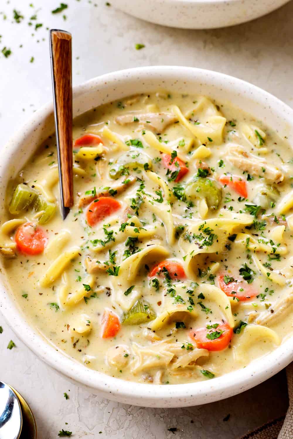up close of creamy chicken noodle soup recipe with a spoon garnished by fresh parsley