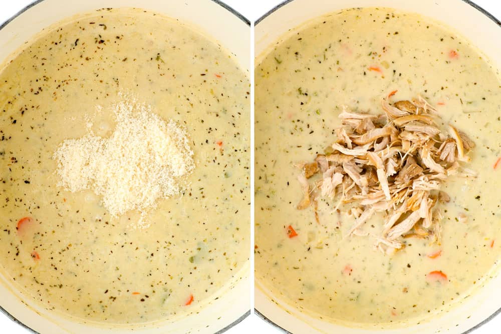 a collage showing how to make creamy chicken noodle soup recipe by stirring Parmesan followed by shredded chicken