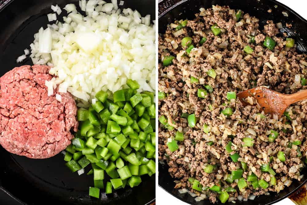 a collage showing how to make Philly Cheesesteak Sloppy Joes by adding beef, onions and bell peppers to a skillet then browning the beef 