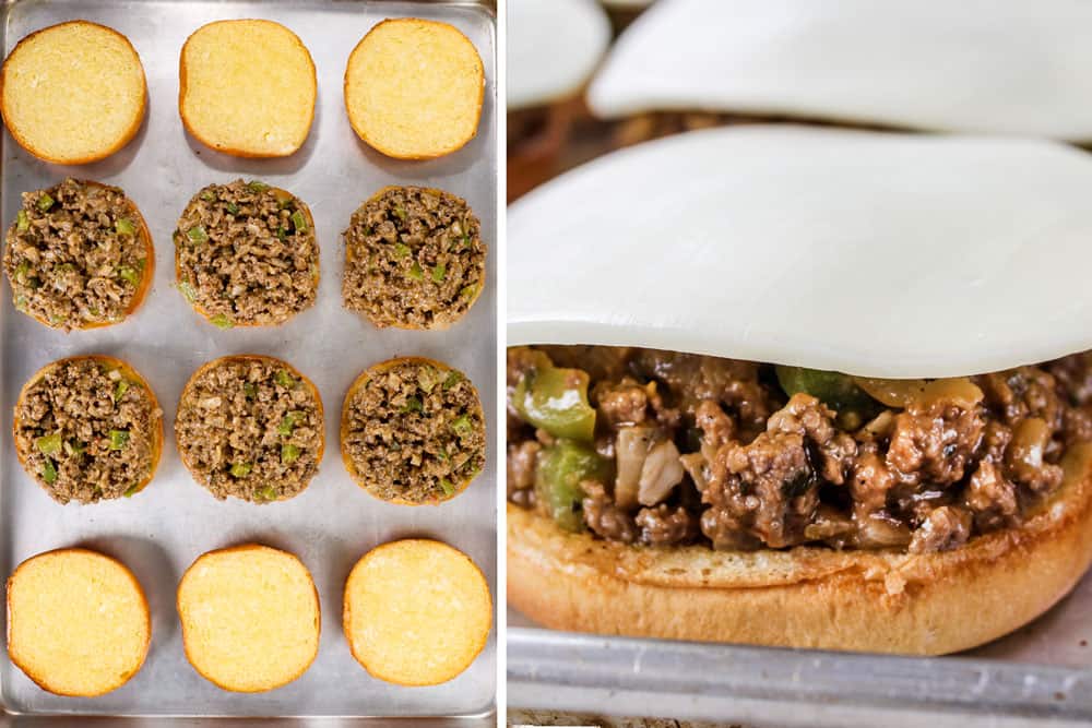 a collage showing how to make Philly Cheesesteak Sloppy Joes by adding Sloppy Joe Filling to buns then topping with provolone slices
