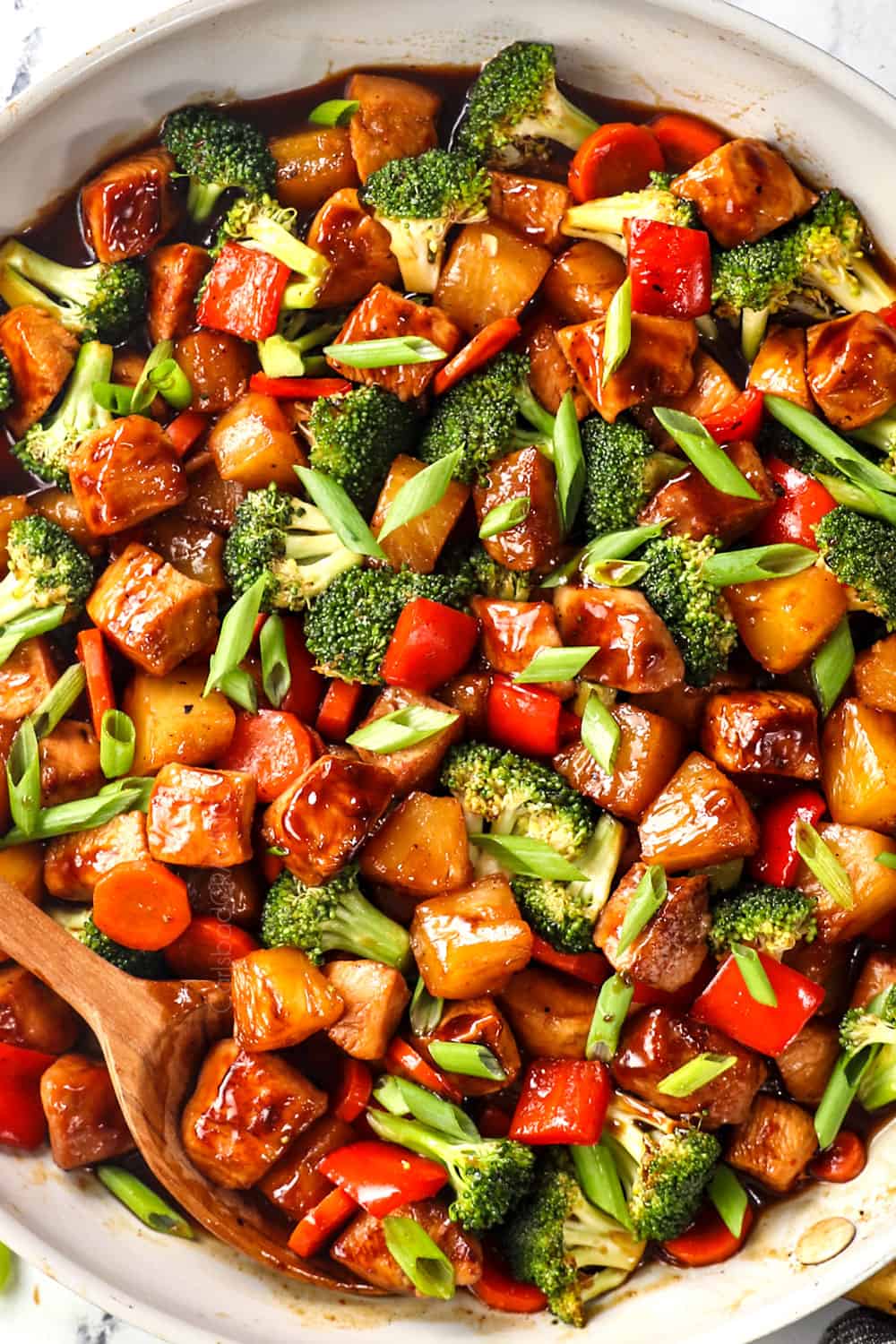 top view of teriyaki chicken stir fry with chicken and vegetables