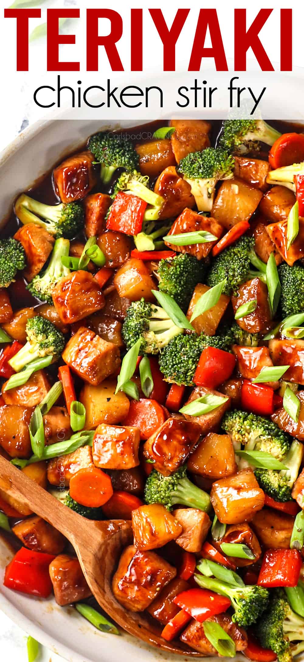 top view of teriyaki chicken stir fry recipe with chicken, broccoli, bell peppers and pineapple in a skillet